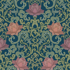Ornamental green pattern with red flowers. Seamless floral background.