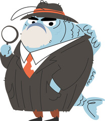 Detective Fish Character Illustration with Magnifying Glass and Suit, Cartoon Style.