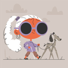 Visually Impaired Woman Walking with Guide Dog, Cartoon Style Illustration.