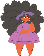 Funky Woman with Big Hair, Dress, and Hat, Whimsical Illustration, Cartoon Style.