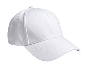 Fototapeta premium Plain white baseball cap with a curved brim and structured crown.