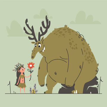 A Kind Offering. Little Girl Presents a Flower to a Gentle Giant with Antlers