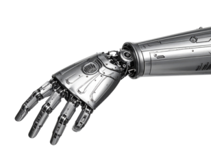 A detailed metallic robotic arm with articulated fingers and intricate mechanical joints.