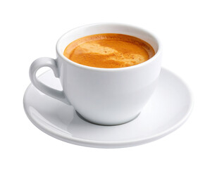 A white cup filled with espresso sits on a matching saucer.
