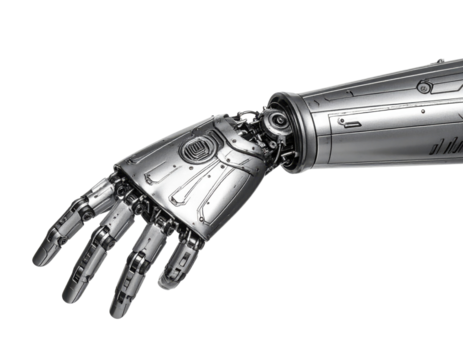A detailed metallic robotic arm with articulated fingers and intricate mechanical joints. - Powered by Adobe