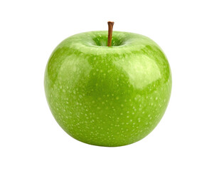 Shiny green apple with a crisp texture and a short brown stem.