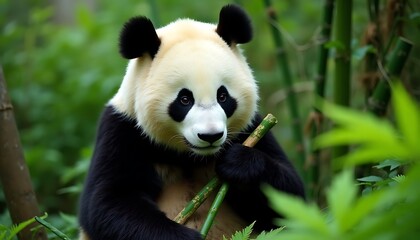 Naklejka premium Giant Panda with Bamboo in Lush Green Forest