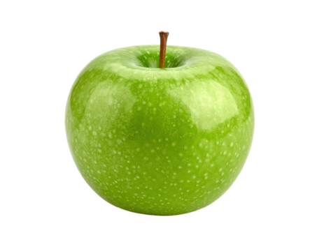 Shiny green apple with a crisp texture and a short brown stem.