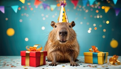 Celebratory Capybara in a Party Hat and Balloon, Bringing Joyful Vibrancy to the Outdoor Party Scene on March , at