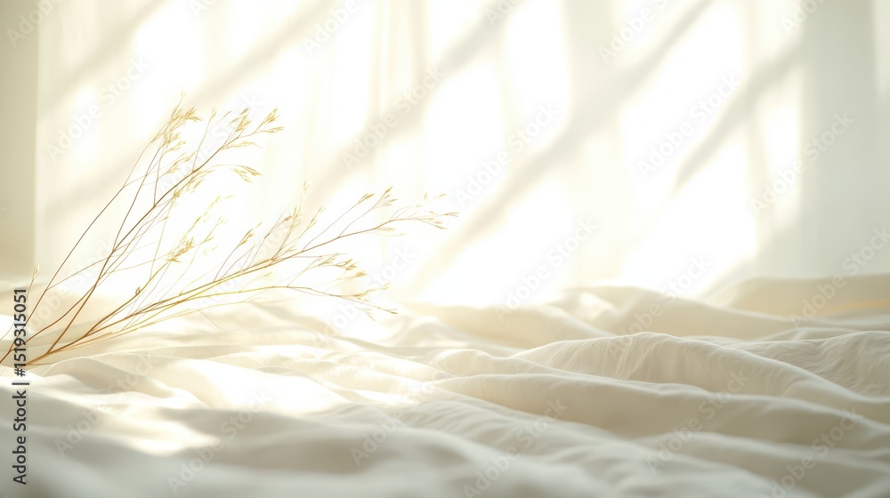 Poster warm natural bedroom concept. soft white bedding with gentle light and delicate branches creating a 