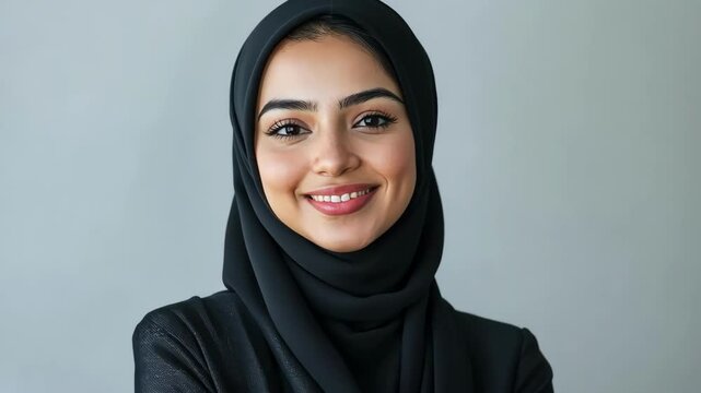Beautiful smiling young woman in hijab, portrait of adult Muslim female.