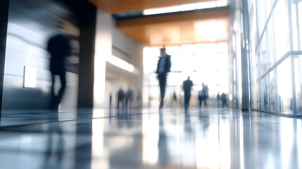 blurry fast animation of a busy work hour man in suits working several people rushing into work leaving work in an open airy lobby of a high rise building with sunlight streaming in
