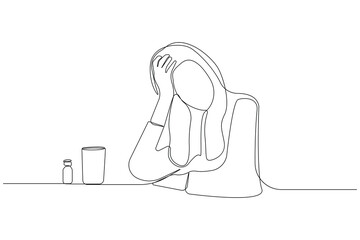 Woman having headache one-line art drawing. Healthcare concept continuous outline vector background.