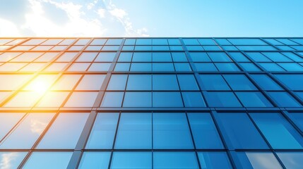 Fototapeta premium Glass facade reflects sunny sky, modern building