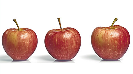 Three fresh red apples with a sweet taste arranged beautifully with spacing set against a plain white background.