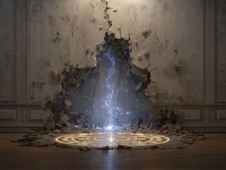 Magical Portal Through Cracked Wall Revealing Enchanted Light and Mystical Energy Effects