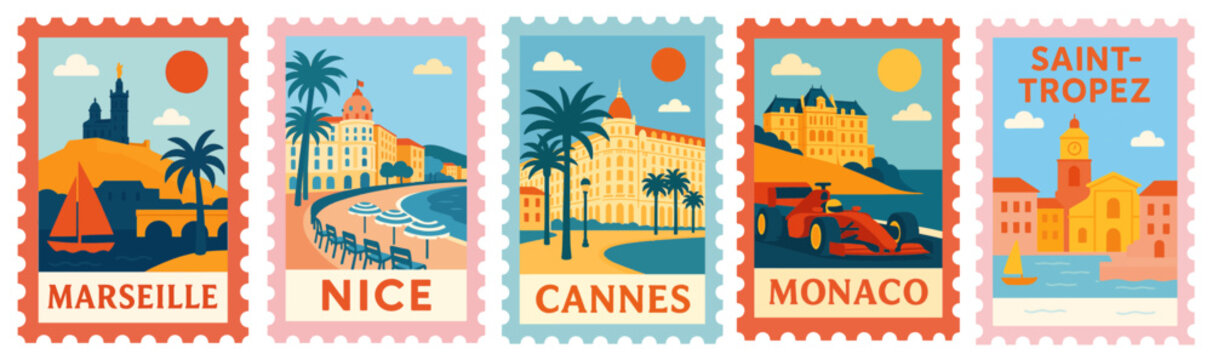 SET OF FRENCH RIVIERA STAMPS ILLUSTRATION (MARSEILLE, MONACO, NICE, CANNES, SAINT TROPEZ)