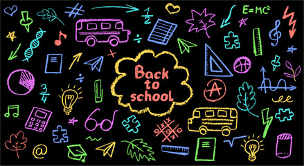 Charcoal school doodles on blackboard background. Fun hand-drawn icons for back to school themes. Cute childish education colorful pastel wax pencil signs. Grunge vector illustration classroom symbols
