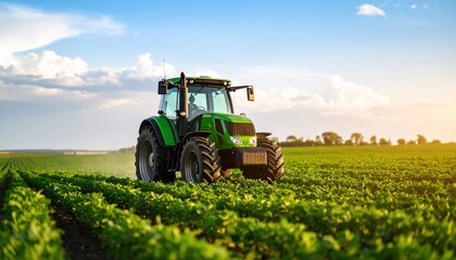 Green Tractor in a Lush Field at Sunset