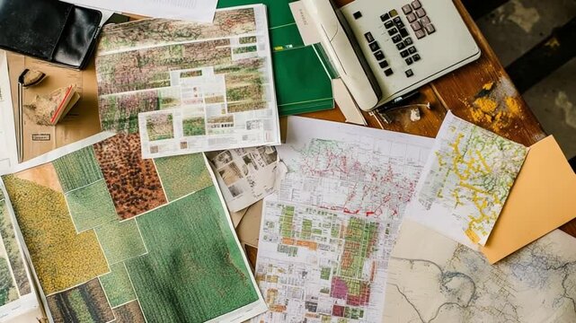 A bird's eye view of land use maps, planning, and surveying displayed for analysis