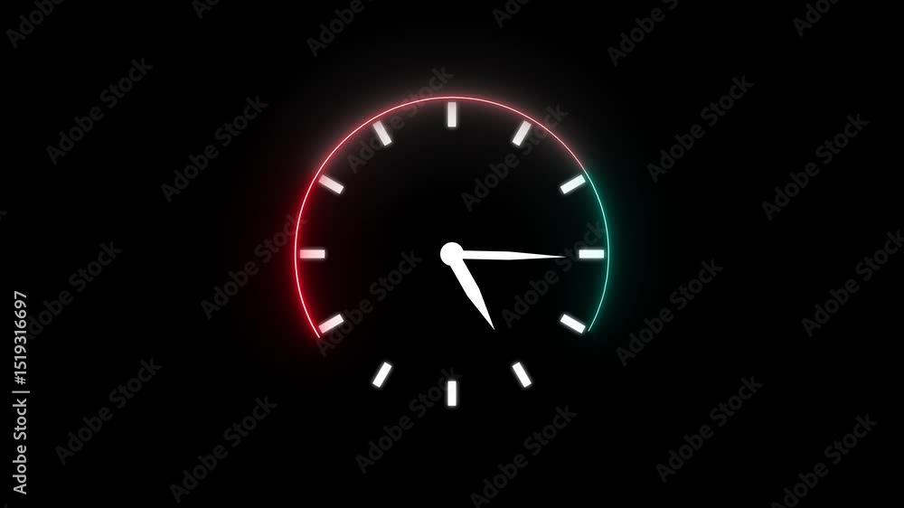 Poster neon clock animation with moving hands and gradient color displayed against a dark background repres