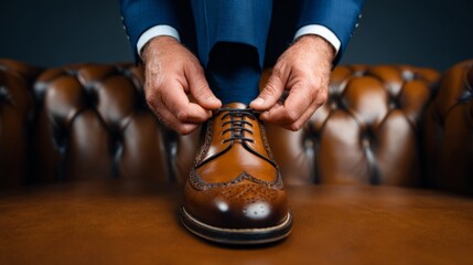 Man in a blue suit tying shoelaces on a brown leather dress shoe