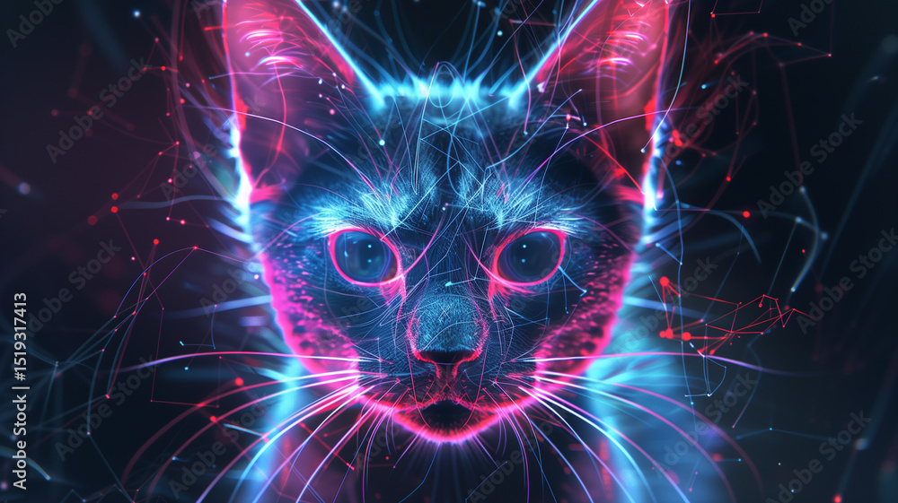 Poster This digital cat projection glows with vibrant colors and realistic details in a high-tech space.