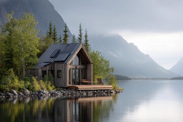 Fototapeta premium Cozy Cabin Retreat Surrounded by Serene Lake and Majestic Mountains in Remote Location