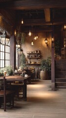 Fototapeta premium Rustic Coffee Shop with Vintage Decor and Warm Atmosphere in Cozy Interior Design