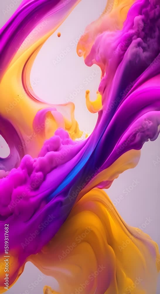 Poster swirling clouds of yellow blue and magenta ink blend and diffuse in a clear liquid forming an ethere