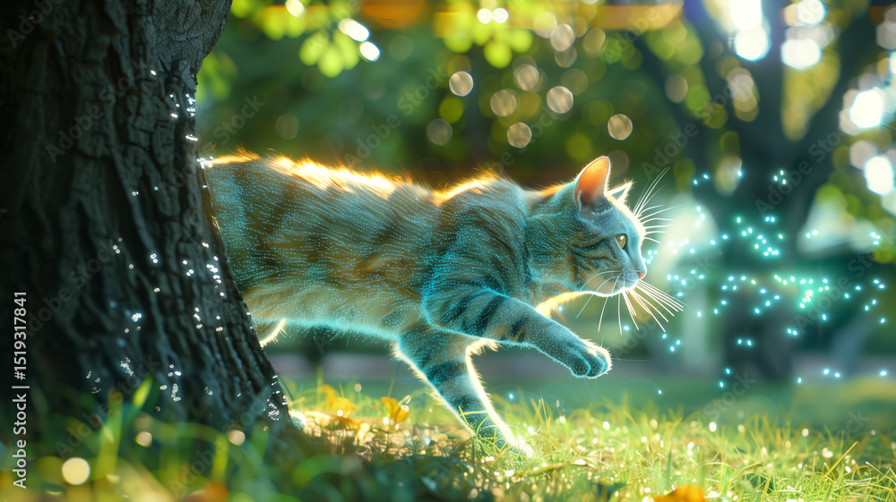 Aufkleber this holographic cat appears from behind a tree, glowing softly as it walks on the grass.
