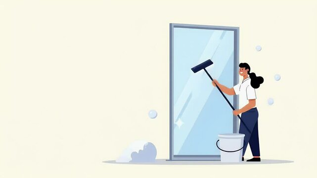 Cleaning Service: Woman Washing Window with Squeegee