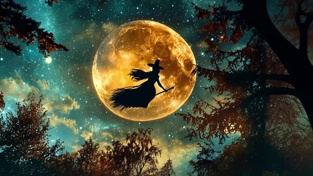 A silhouette of a witch flying on a broom in front of a large moon.