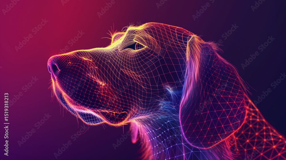 Aufkleber this glowing digital dog floats in a colorful setting, highlighting advanced holographic tech.