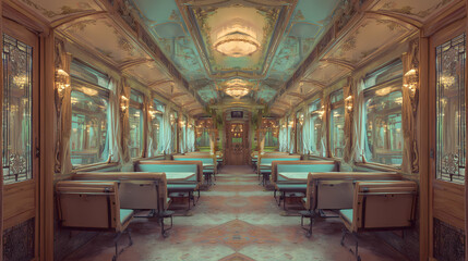 poster for whimsical drama | personal myth | bittersweet warmth | muted pastel tones | stage-like layout | ornate lobbies | pastel color overlay | centered framing | vintage train journey |