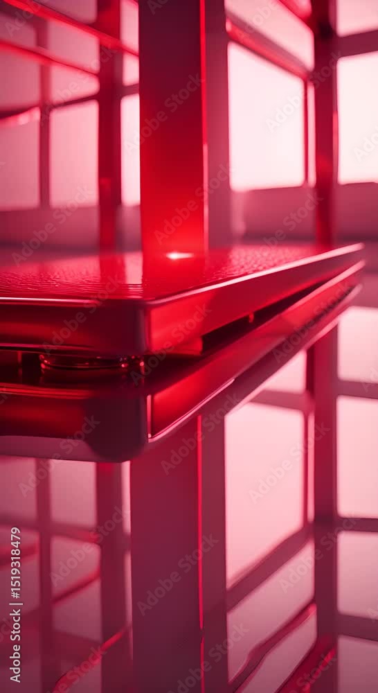 Poster a rectangular platform sits on a reflective surface bathed in red light 4k vertical