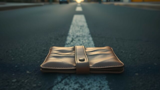 A brown leather wallet with a strap closure lies on an empty asphalt road, with a blurred background and a faint sunset, evoking a sense of journey and solitude