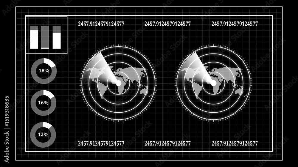 Poster futuristic world map data visualization displaying global tracking and percentage metrics with digit