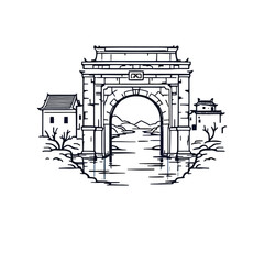 Fototapeta premium Traditional Chinese Archway Over Water – Elegant Monochromatic Vector Illustration Featuring Historic Architecture and Scenic Landscape
