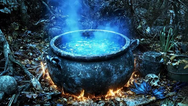 A mystical cauldron simmers in a dark forest, surrounded by smoke and fire.