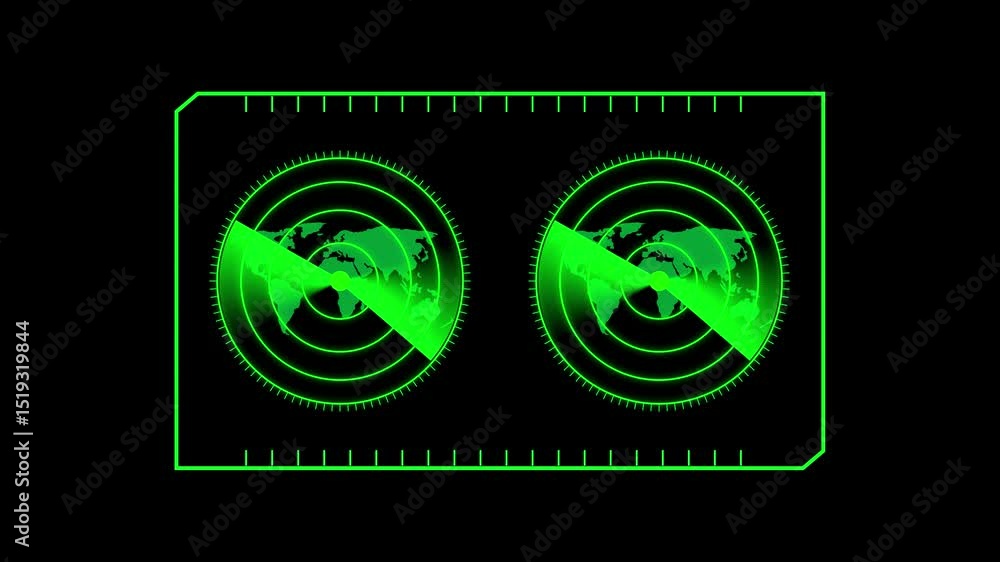 Poster animated green radar screens displaying global map scanning technology on black background for intel