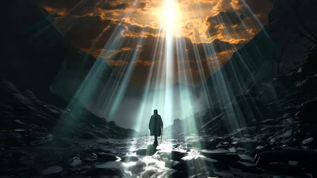 A faithful man walking through a dark valley toward the heavenly light trusting in God