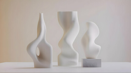 Three White Abstract Sculpted Vases
