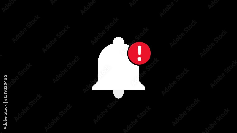 Poster animated white bell notification icon with exclamation mark and red circle against a black backgroun