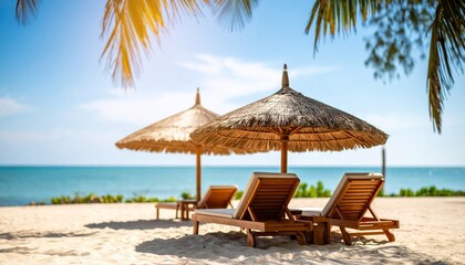 Tropical Beach Paradise: Relaxing under the shade of thatched umbrellas.
