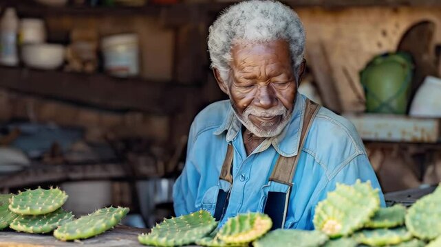 Senior african farmer proudly displaying locally grown nopales on weathered wooden table, showcasing fresh agricultural produce with genuine smile