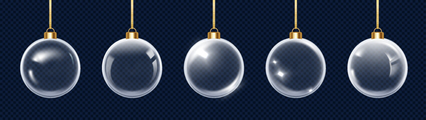 Glass baubles set. Hanging 3D transparent Christmas balls for Xmas and New Year celebration.
