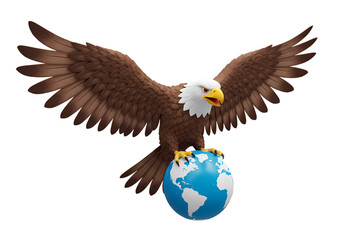 Fototapeta premium Bald Eagle Perched on a World Globe isolated on transparent baackground