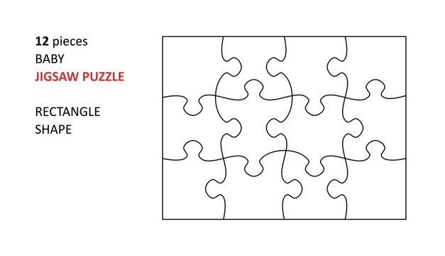 Jigsaw puzzle blank template. Cutting lines grid design for baby jigsaw rectangle puzzle - 12 pieces.