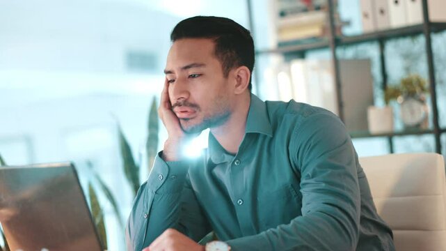 Check time, tired and man in office, burnout and laptop with accountant, overworked and bored. Person, employee and consultant in workplace, watch and depression with fatigue, low energy or exhausted
